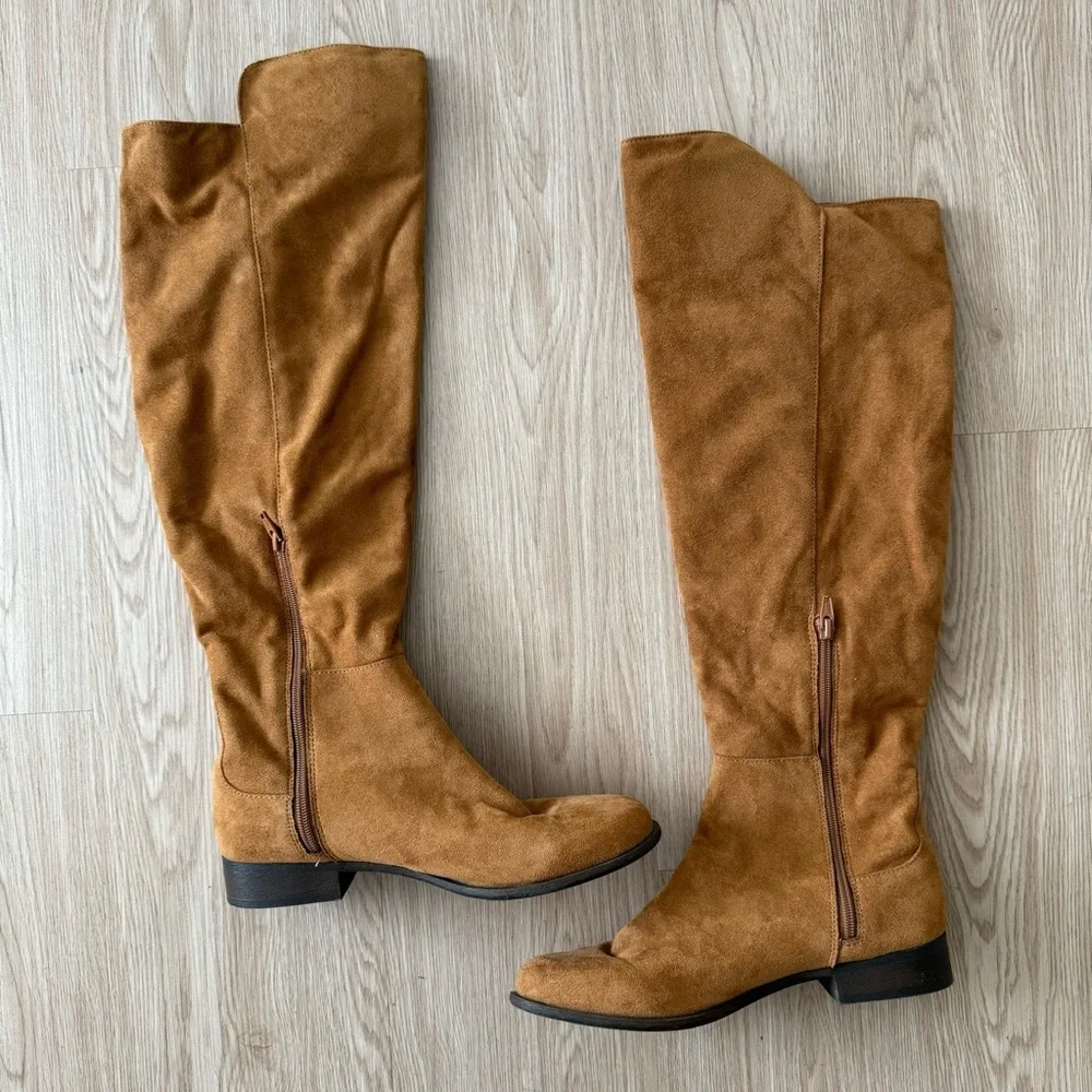 Faux suede knee high fringe boots